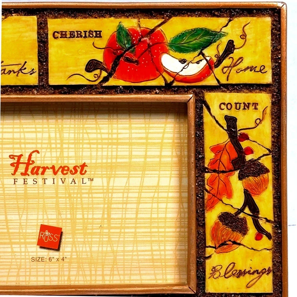 Vtg 90s Russ Harvest Festival Photo Frame 4x6 Faux Tile Autumn Country Cottage